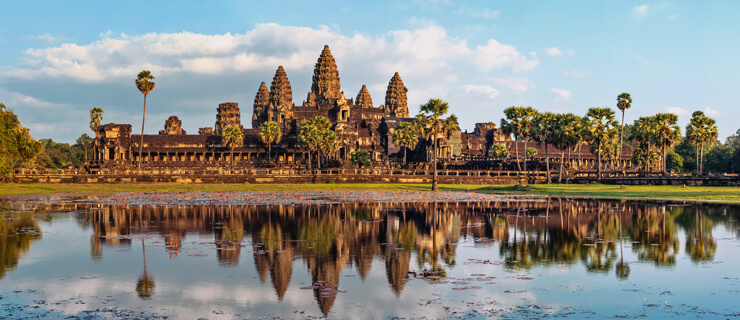 Ancient Khmer architecture. Panorama view of Angkor Wat temple at sunset. Siem Reap, Cambodia